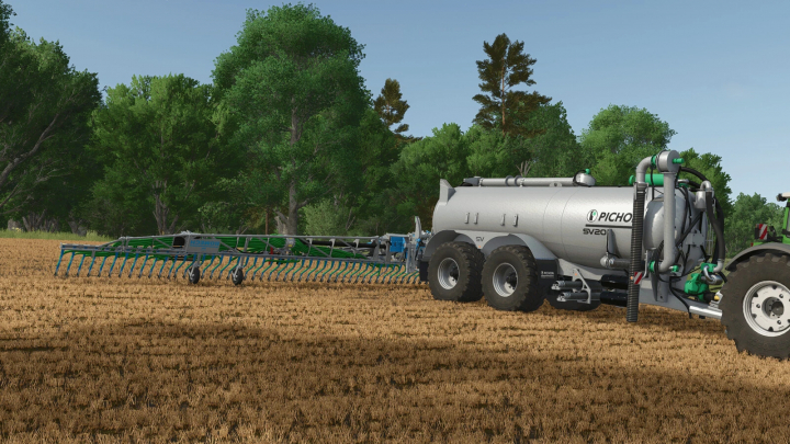 fs25-mods,  Farming Simulator 25 mod: Pichon SV20R liquid manure spreader working in a field, with trees in the background.