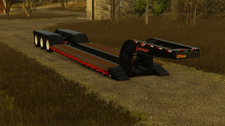 fs25-mods,  FS25 mod trailer named Contender with black and red color scheme, loaded with wooden planks, on a rural dirt road in Farming Simulator 25.