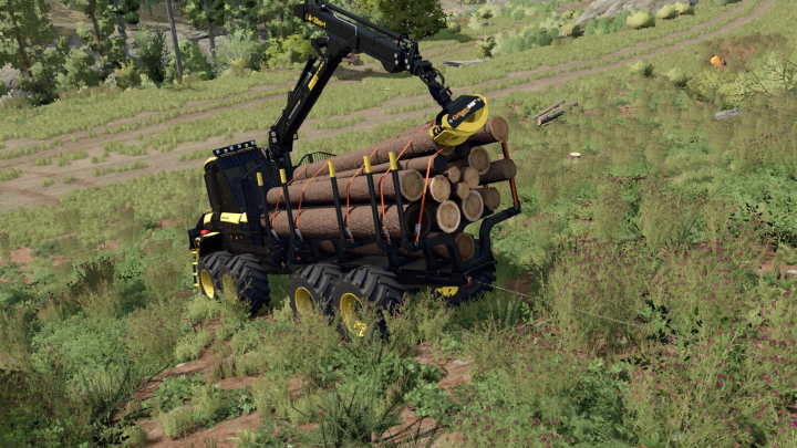 fs25-mods,  Farming Simulator 25 mod: Ponsse Forwarder Pack v1.0.0.0 with logging crane transporting logs.