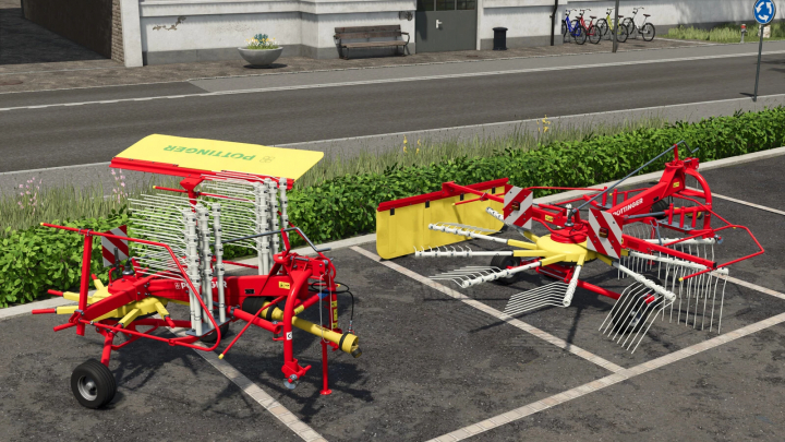 fs25-mods,  In-game image showing Pöttinger EUROTOP 340 N hay rake from Farming Simulator 25 mods placed in a parking lot.