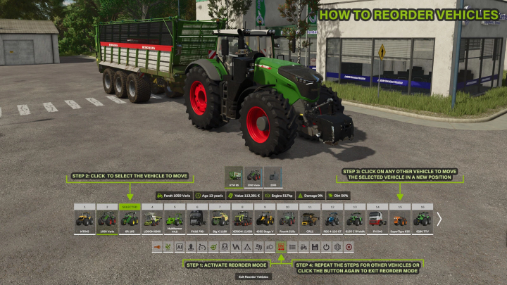 fs25-mods, Farming Simulator 25 mod screen showing how to reorder vehicles with the Quick Selector v1.0.0.0 in FS25, featuring a green tractor attached to a trailer.