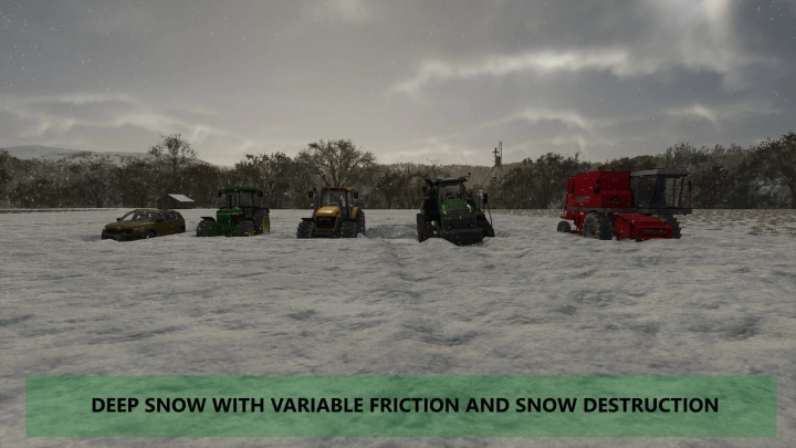 fs25-mods,  Farming Simulator 25 mods featuring deep snow with variable friction and snow destruction, shown with tractors and vehicles in snowy landscape.