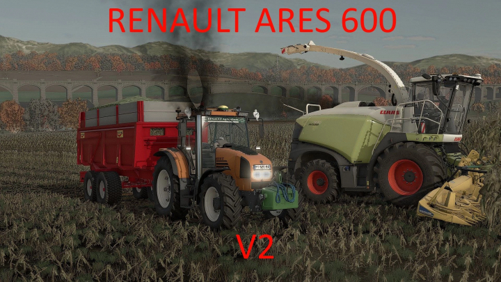 fs25-mods,  Farming Simulator 25 mod featuring Renault Ares 600 v2.0.0.2 with tractors and equipment in a field, showcasing Farming Simulator 25 mods.