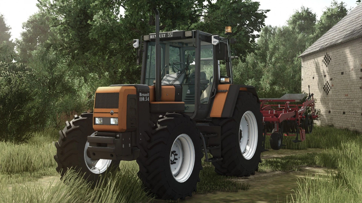 fs25-mods, Farming Simulator 25 mod featuring a Renault TZ tractor with attached farming equipment, set in a farm environment with trees and a barn.