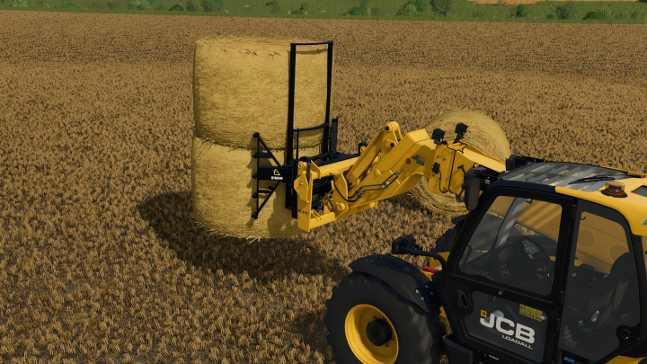 fs25-mods, Farming Simulator 25 mod image showing a JCB Loadall loader with Riman Tool Pack v1.0.0.0 attachments handling large hay bales in a field.