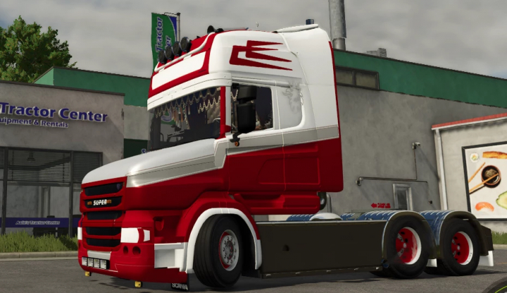 fs25-mods,  Farming Simulator 25 mod: Scania t v1.0.0.0 truck in red and white with detailed design, suitable for transport and farming activities.
