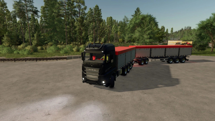fs25-mods,  Farming Simulator 25 mod featuring a black SISU Polar Swapbody Pack v1.0.0.0 trailer in a tree-lined setting.