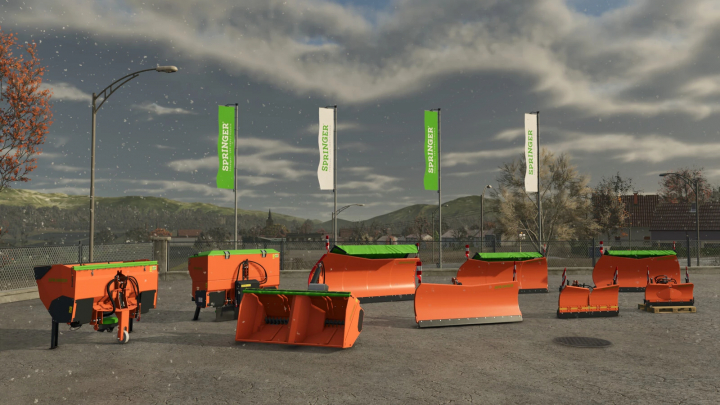 fs25-mods, Farming Simulator 25 mods: SPRINGER Winter Equipment Pack v1.0.0.0 with orange and green snow plows and snow removal tools on display.