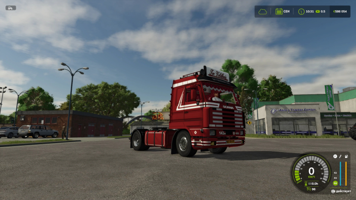 fs25-mods,  Red Scania 143m truck from Farming Simulator 25 mods, parked in a city street with trees and buildings in the background.