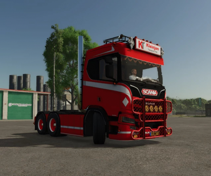 fs25-mods,  Farming Simulator 25 mod: Red Scania S truck with custom front guard and 'Kleinjan' sign, seen in the game environment.