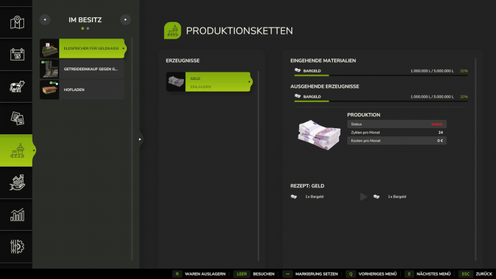 fs25-mods, Farming Simulator 25 mod screenshot showing storage for cash boxes from the NF March v1.0.1.0 with production chain interface.