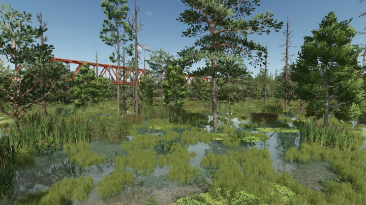 fs25-mods, Farming Simulator 25 mod image showcasing Sunshine Forest with trees, wetland, and a railway bridge in the background for FS25 mods.