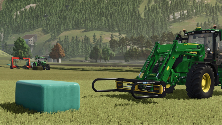 fs25-mods, Farming Simulator 25 mod showcasing a green tractor with front loader attachment near a hay bale in a field.