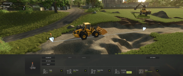 fs25-mods,  Farming Simulator 25 mod example with a yellow loader terrain survey tool and excavator working on farmland.
