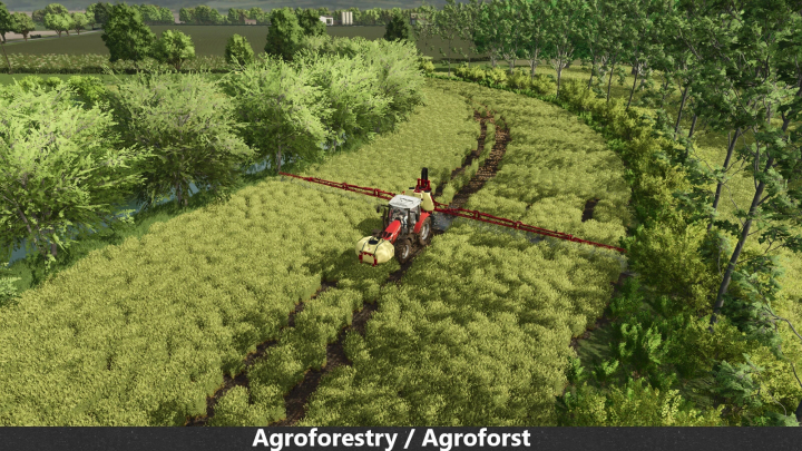 fs25-mods, Farming Simulator 25 mod showcasing Agroforestry / Agrorest with a tractor and boom sprayer in a lush orchard.