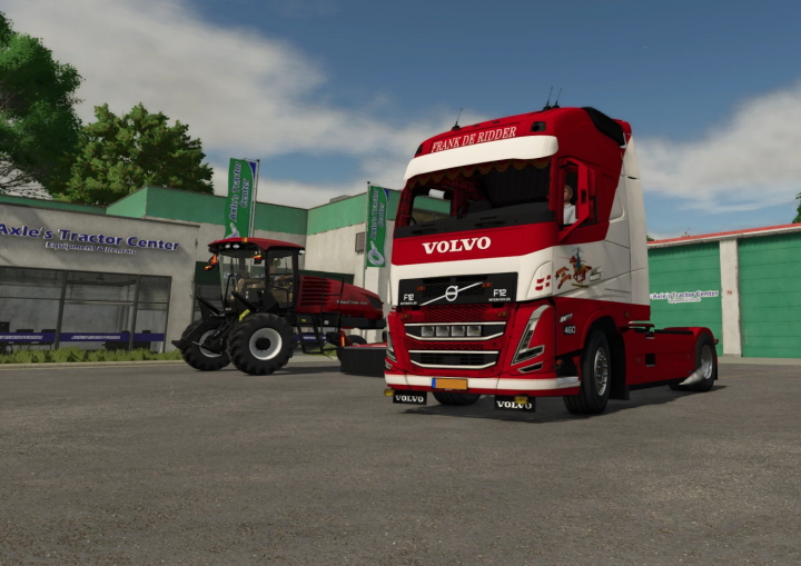 fs25-mods, Farming Simulator 25 mod featuring a detailed Volvo FH5 truck and a tractor outside Axle's Tractor Center.
