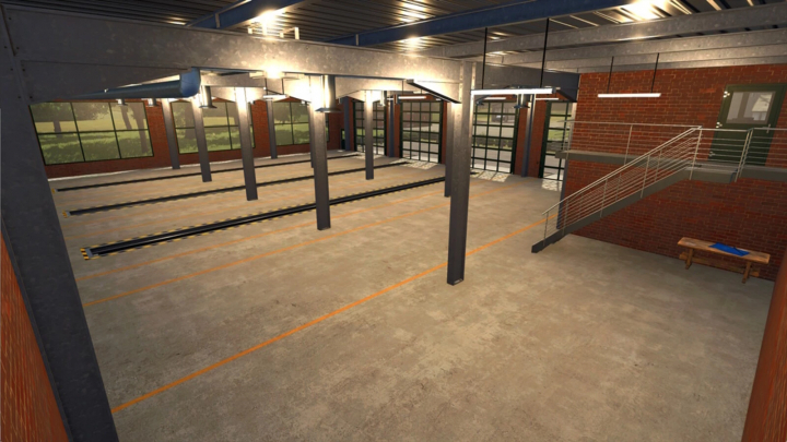 fs25-mods, Farming Simulator 25 mod: Vehicle Workshop v1.0.0.0, a spacious industrial vehicle workshop with large windows, multiple bays, and an upper office area.