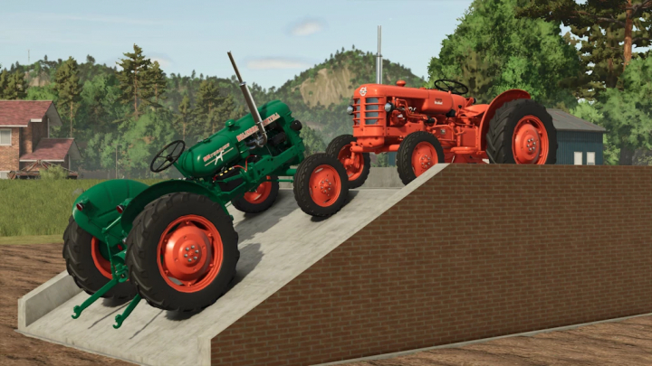 fs25-mods,  Farming Simulator 25 mod featuring vintage green and orange tractors on a sloped concrete driveway, part of FS25 mods collection.