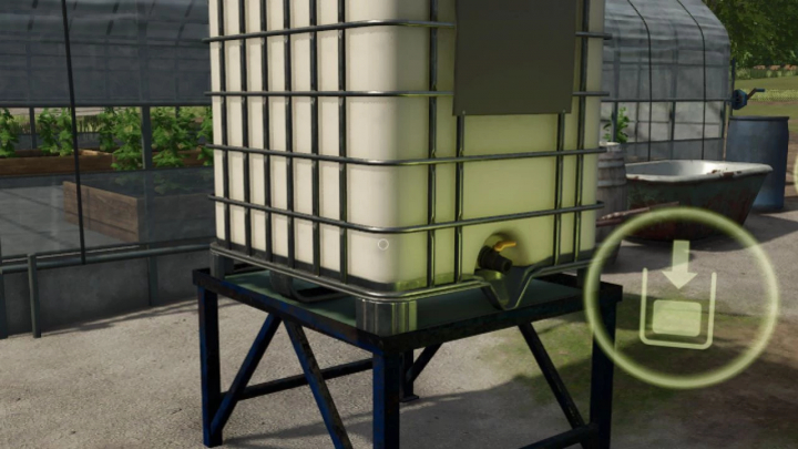 fs25-mods, Large water tank mod for Farming Simulator 25, on a black metal stand, showing an drain valve and an empty water container, ideal for FS25 mods.