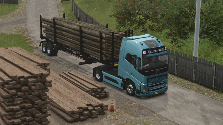 fs25-mods, Farming Simulator 25 mod: Electric log loader truck carrying logs on a farm, with stacked timber and safety cone nearby.