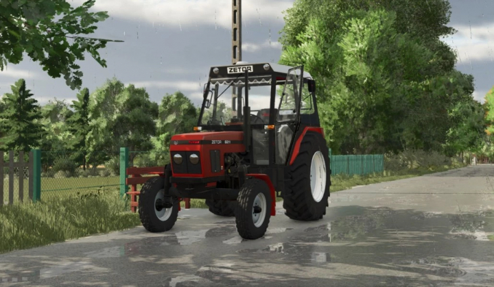 fs25-mods,  Farming Simulator 25 mod: Zetor 62 7711 EDIT v1.0.0.0 tractor on wet road with trees and fence in the background.