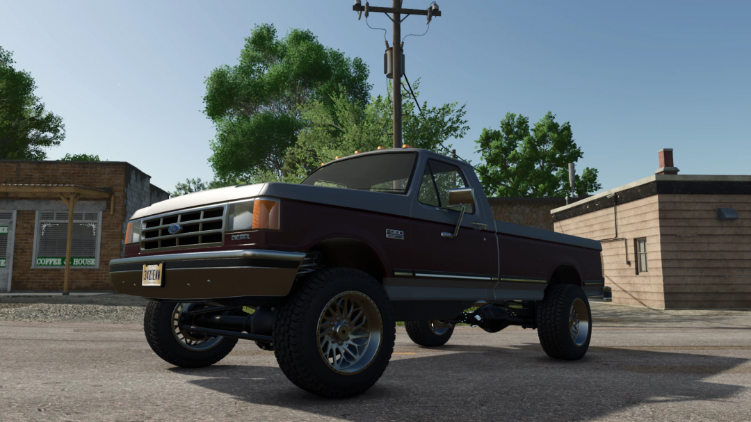 Ford F250 pickup truck mod in Farming Simulator 25, featuring a black body, alloy wheels, and realistic game graphics, part of FS25 mods.