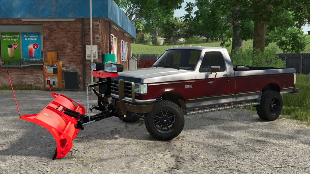 Farming Simulator 25 mod featuring a Ford F-250 truck with snow plow attachment for winter farming tasks.