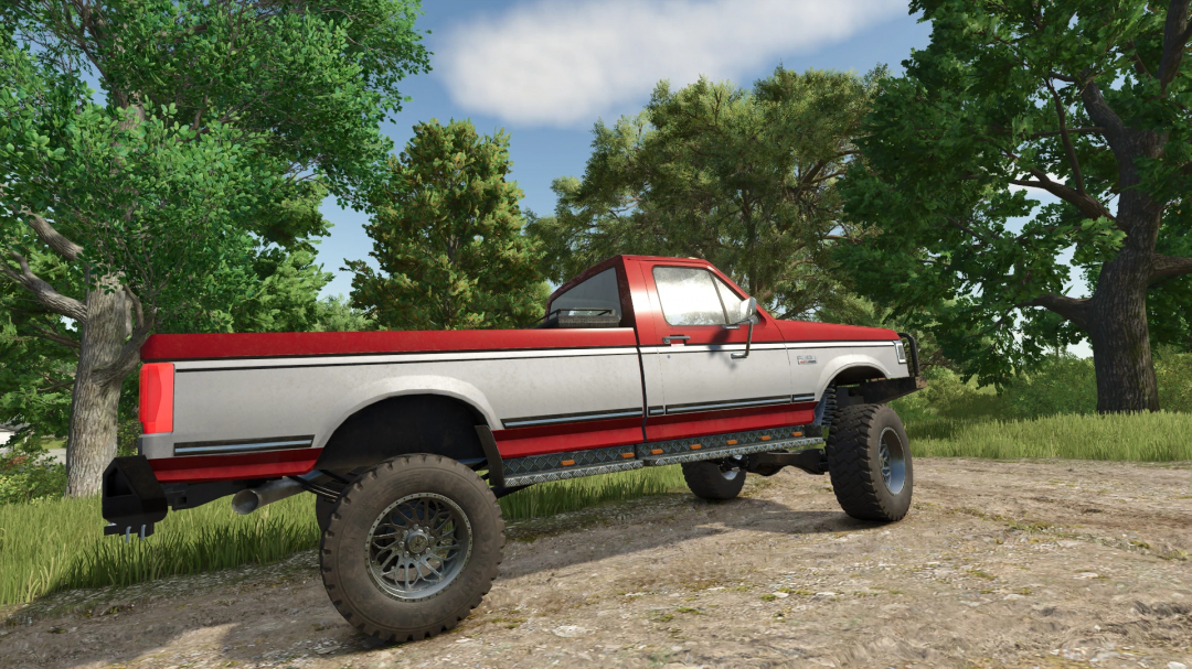 FS25 mod: Red and white 1990 Ford F250 pickup truck in a natural outdoor setting with trees and dirt road.