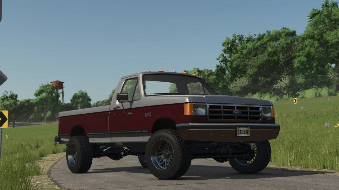 FS25 mod: 1990 Ford F250 pickup truck from Farming Simulator 25, customized for farming and utility tasks, shown on a rural road.