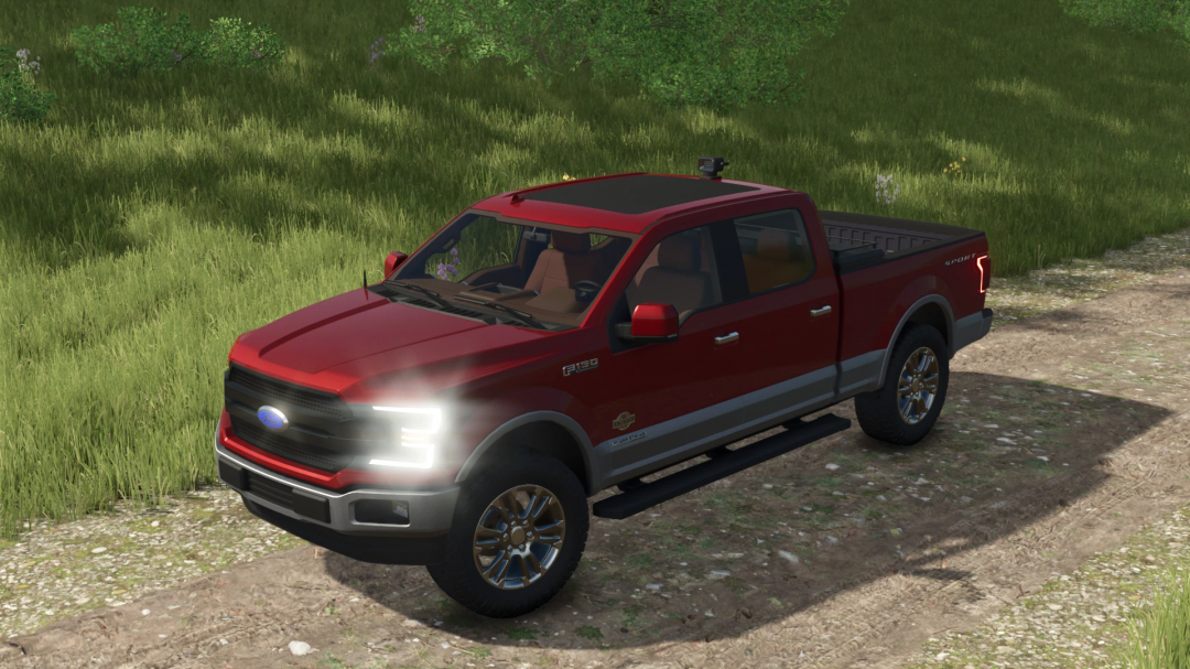 Farming Simulator 25 mod featuring a red 2019 Ford F150 Powerstroke pickup truck in a grassy outdoor setting.