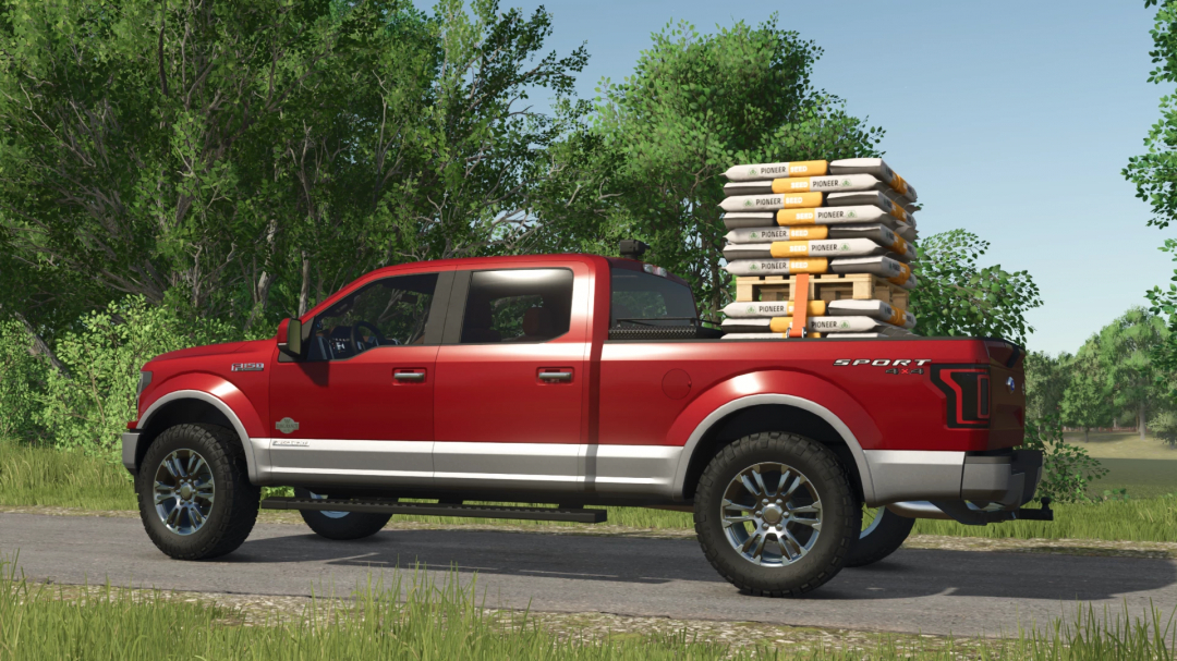 Red Ford F150 truck carrying stacked bags of pioneer seed for Farming Simulator 25 mods.