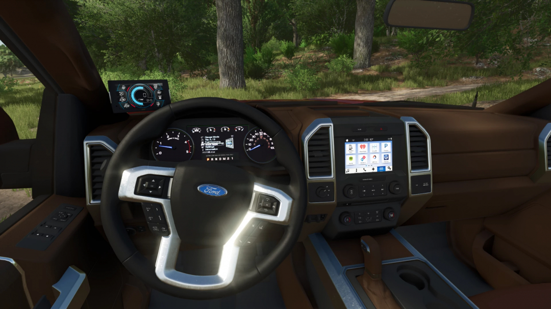 Interior of a Ford truck mod in Farming Simulator 25, with a digital dashboard, steering wheel, and infotainment system on a forest background.