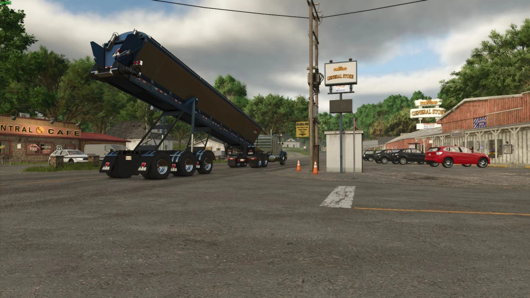 Farming Simulator 25 mod scene with an ABS LRC448 Rear Lift trailer in a rural shop setting, surrounded by parked cars and trees.