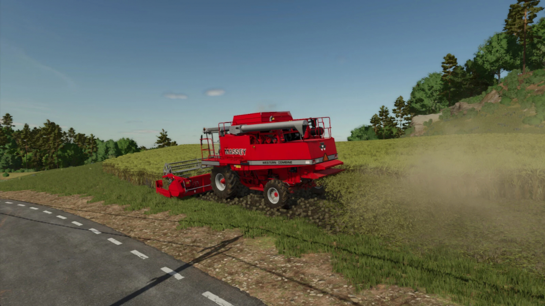 Farming Simulator 25 mod: Massey Western Combine harvesting rice on fields with dust clouds, alternative harvesting mod for rice on fields.