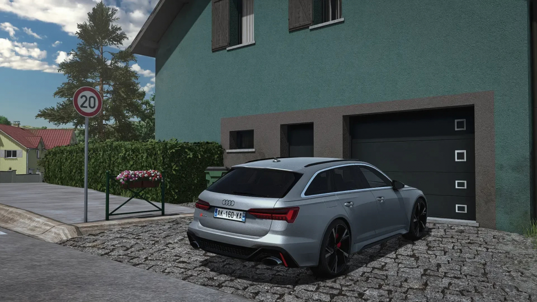 Farming Simulator 25 mod featuring an Audi RS6 Avant C8 V1.1.0.0 parked in front of a house, representing FS25 mods for enhanced gameplay.