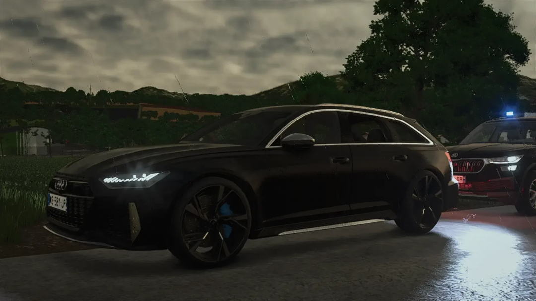 In-game image of a black Audi RS6 Avant C8 with illuminated headlights, parked outdoors in Farming Simulator 25 mods.