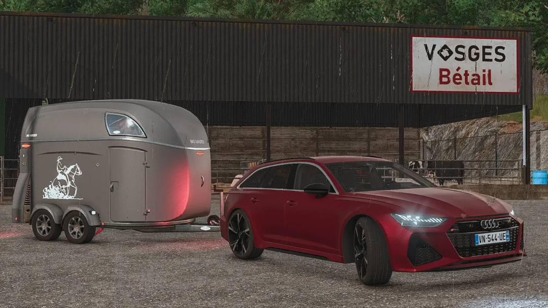 Farming Simulator 25 mod featuring a red Audi RS6 Avant C8 with trailer at Vosges Bétail farm.