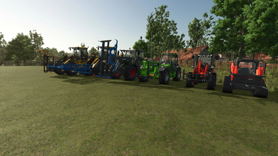 Line of different forestry tractor mods including blue, green, and red models, for Farming Simulator 25.
