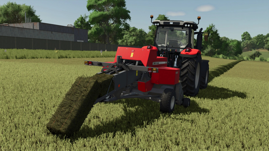 Farming Simulator 25 tractor with Bale Twine Addon for wrapping hay bales, demonstrating mod features.
