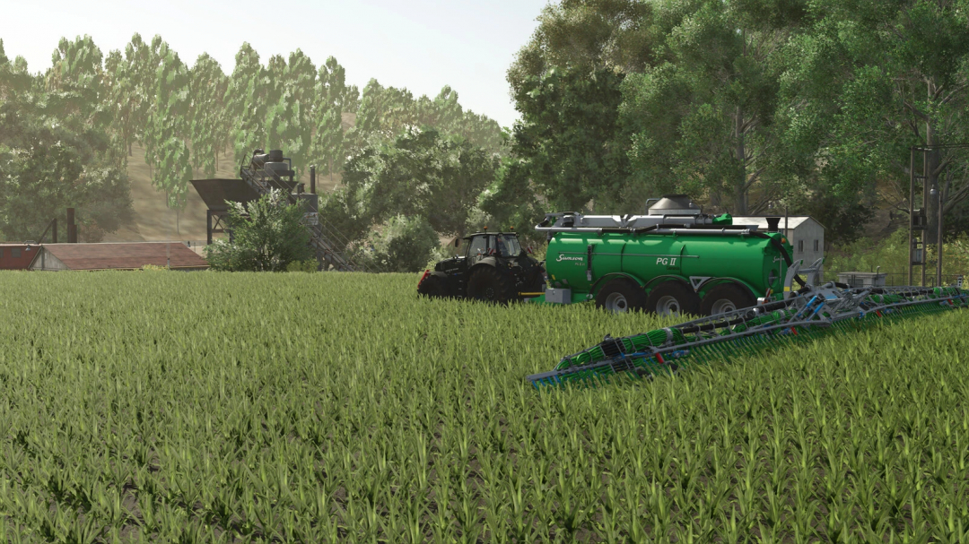 Farming Simulator 25 mods: tractor with green slurry tank and sprayer equipment in a field, part of the Bomech Slurry Distributor Pack with real section control.