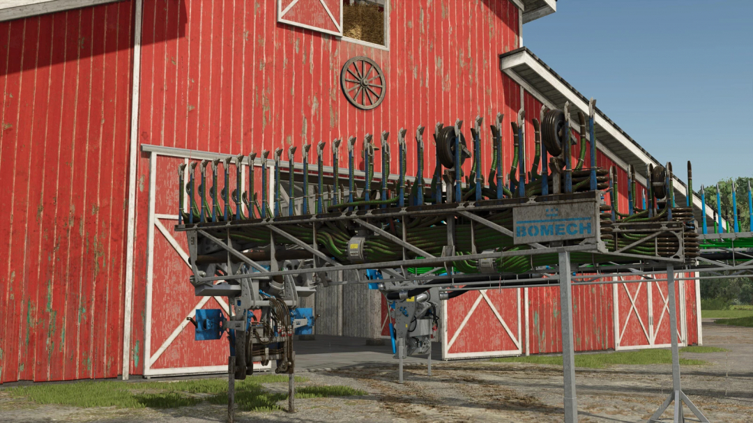 Farming Simulator 25 mod: Bomech Slurry Distributor Pack with real section control, placed in front of a red barn.