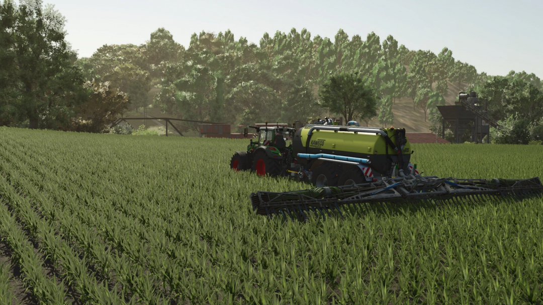 Farming Simulator 25 mod: Kaweco slurry distributor with real section control spraying a green crop field.