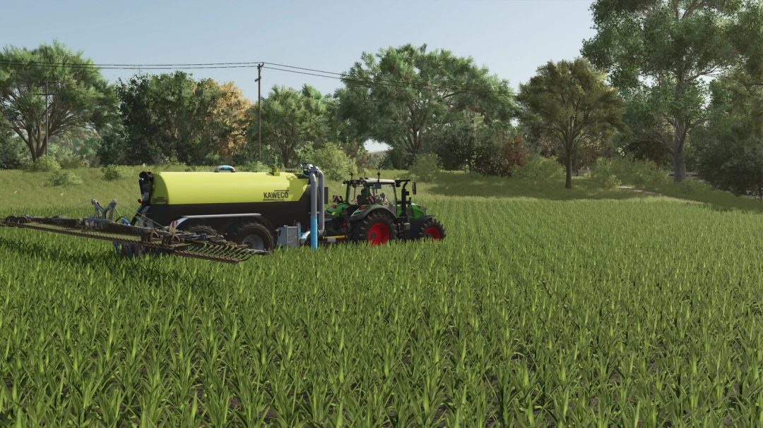 Farming Simulator 25 mods: tractor with Kaweco slurry distributor pack for real section control in lush green fields.