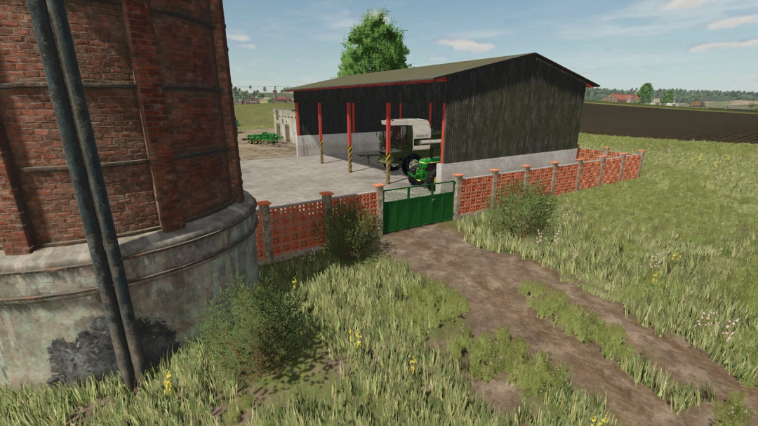 Farming Simulator 25 mod featuring a brick fence and metal gate for farm perimeter protection in FS25.