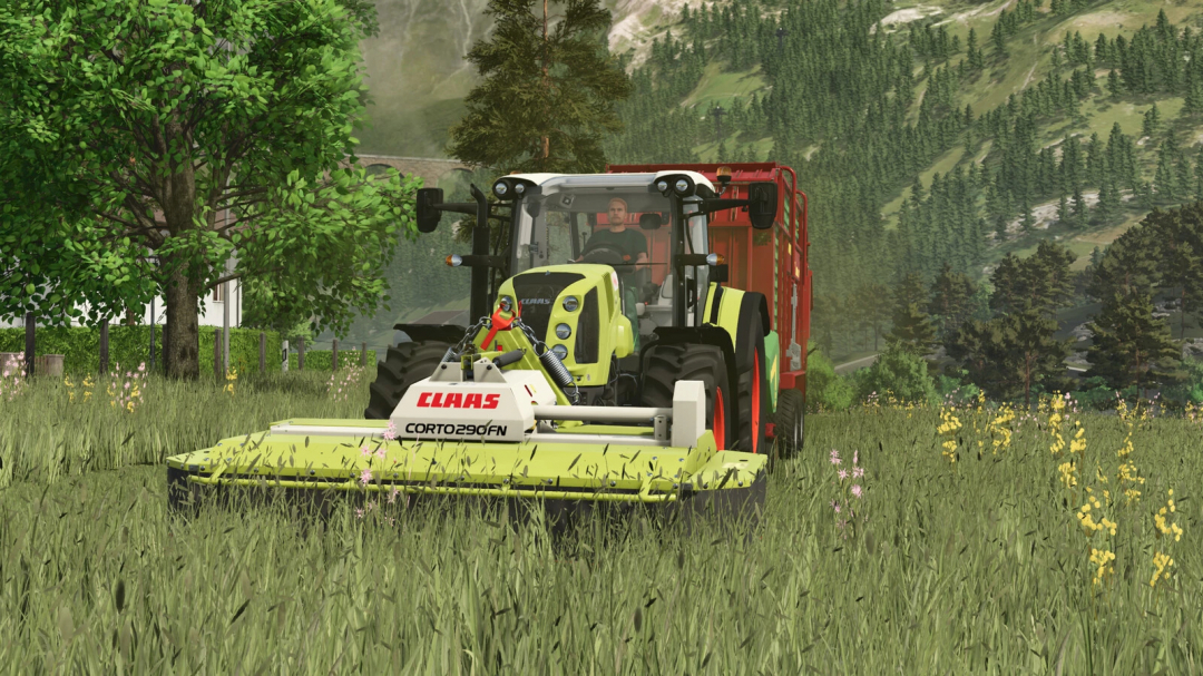 Farming Simulator 25 mod: CLAAS CORTO 290 FN lawn mower in a grassy field with trees and mountains in the background.
