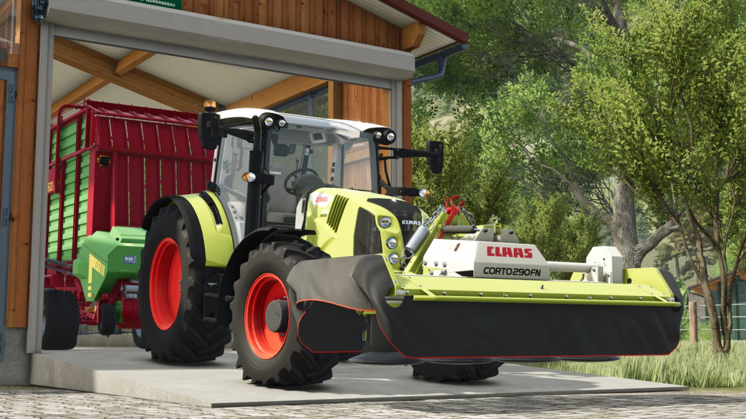 Farming Simulator 25 mods featuring a CLAAS CORTO 290 FN forage harvester in a farm shed.