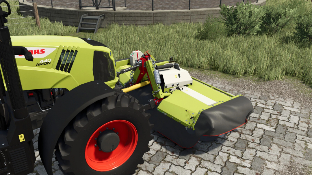 Farming Simulator 25 mod: CLAAS CORTO 290 FN v1.0.0.0 attachment on a tractor, used for mowing or grass work.