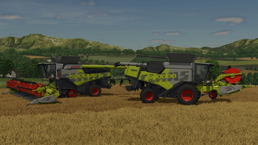 Two CLAAS LEXION 5800 combine harvesters from the CLAAS Harvester 500.000 Edition Pack v1.0.0.0 in Farming Simulator 25 on a wheat field.
