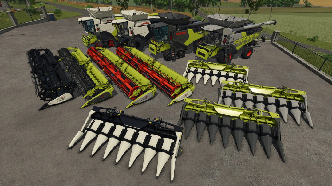 Farming Simulator 25 mods: CLAAS Harvester 500,000 Edition Pack v1.0.0.0 with various harvesters and equipment on display.