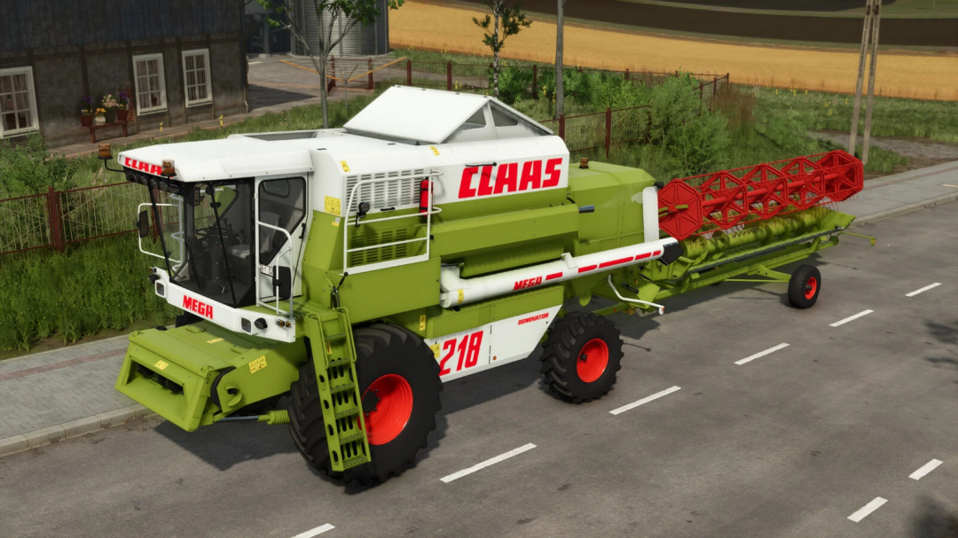 CLAAS MEGA 208/218 combine harvester mod from Farming Simulator 25, shown on a road with a background of houses and fields.